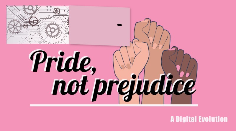 pride not prejudice logo, with an electrician's panel opened. Gears and wiring are exposed.